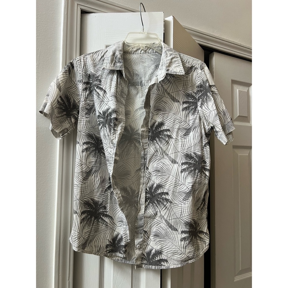 Boys Tony Hawk Short-Sleeve Palm Print Button-Down Shirt - White & Gray